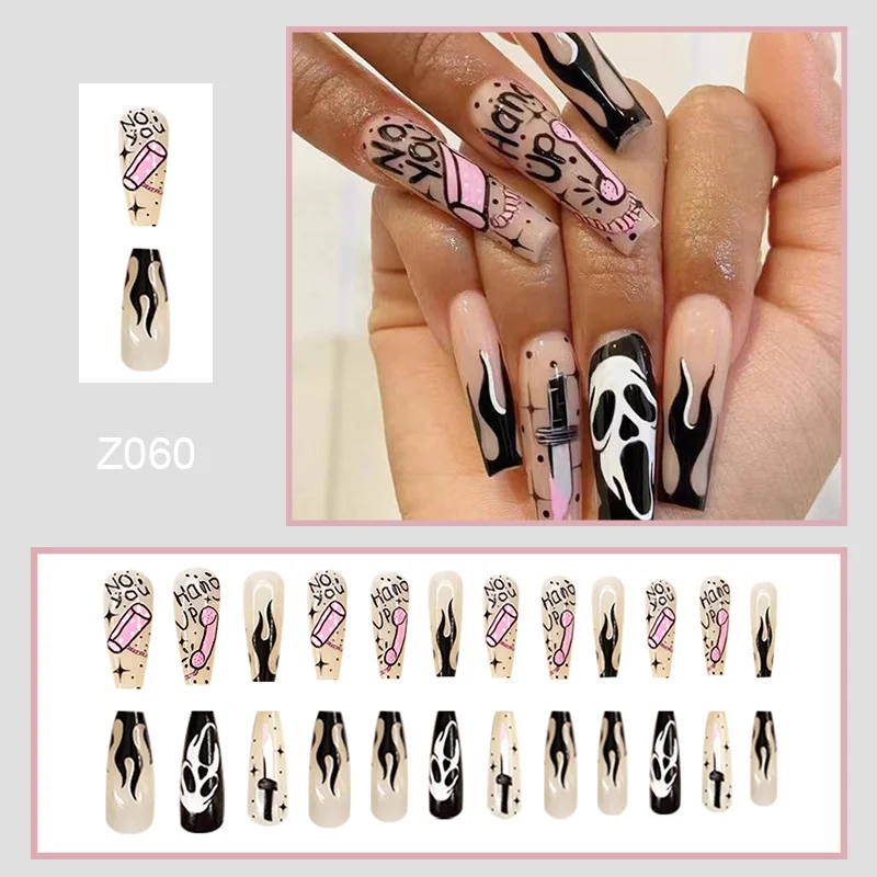 Churchf Churchf Patch Finished Nail Ghost Face Halloween Flame Long Ballet Nail Wear Nail Nail