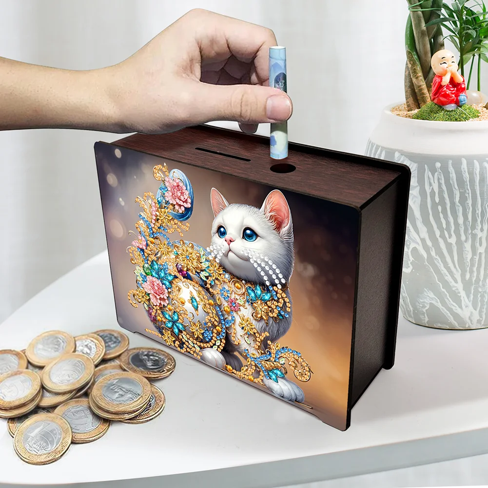 DIY Wooden Cat Diamond Painting Money Saving Box Desktop Coin Bank for Home Decor