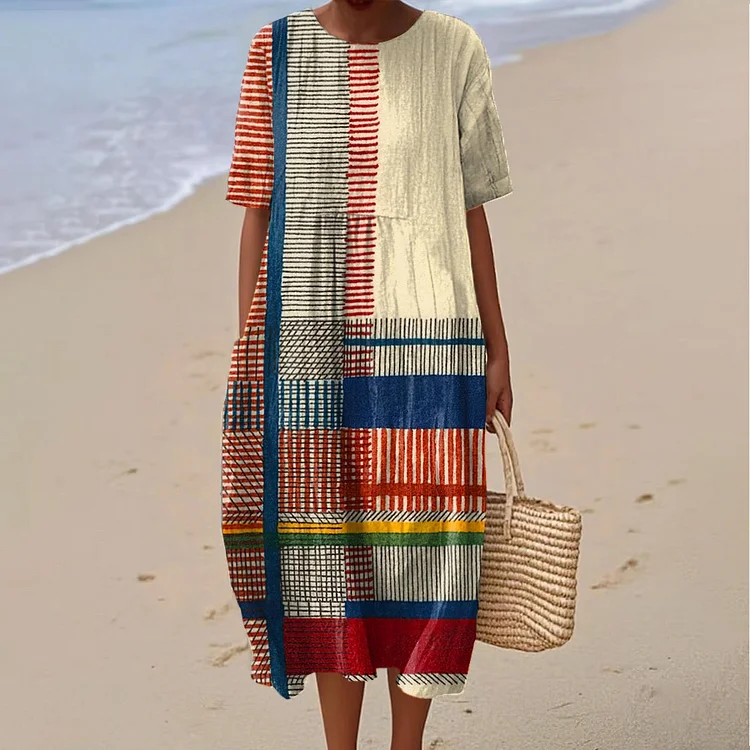 Geometric Art Print Round Neck Short Sleeve Midi Dress