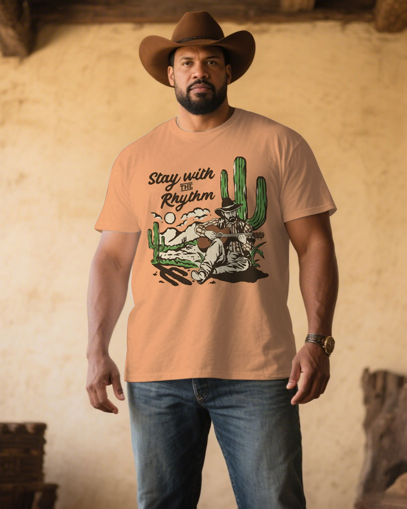 Men's Plus Size Dark Orange Chest Western Denim Print V-Neck Short Sleeve Tee