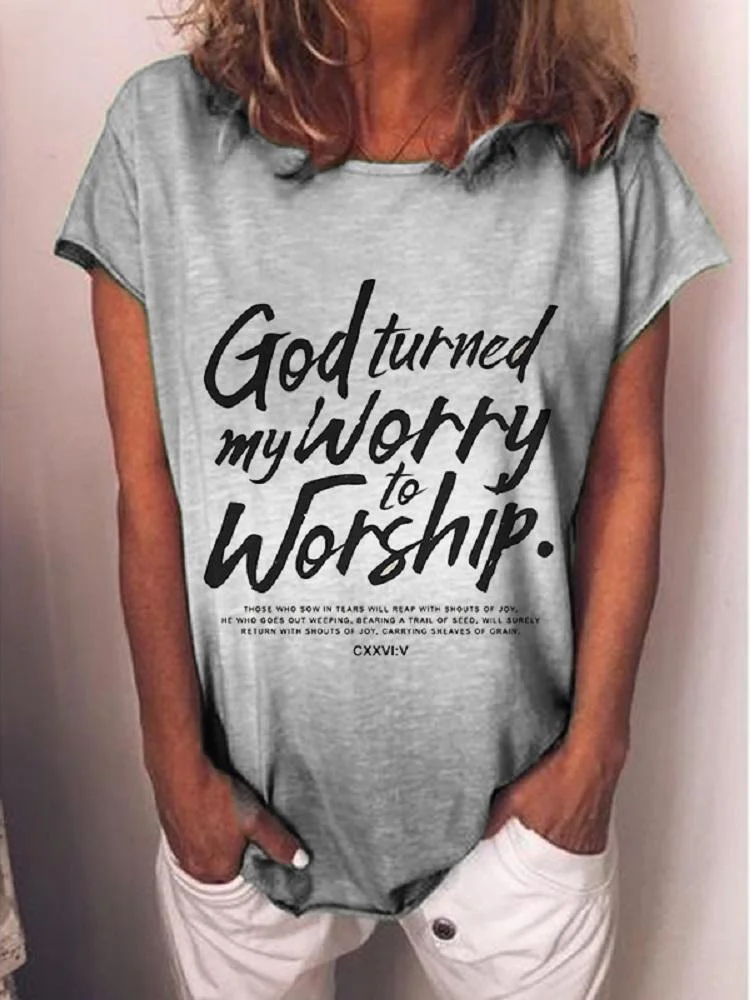 Grey God Worship Letter Print Women's Round Neck T-Shirt 
