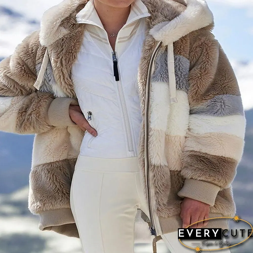 New Winter Womens Fashion Jacket Hooded Warm Plush Loose for Women Patchwork Outerwear