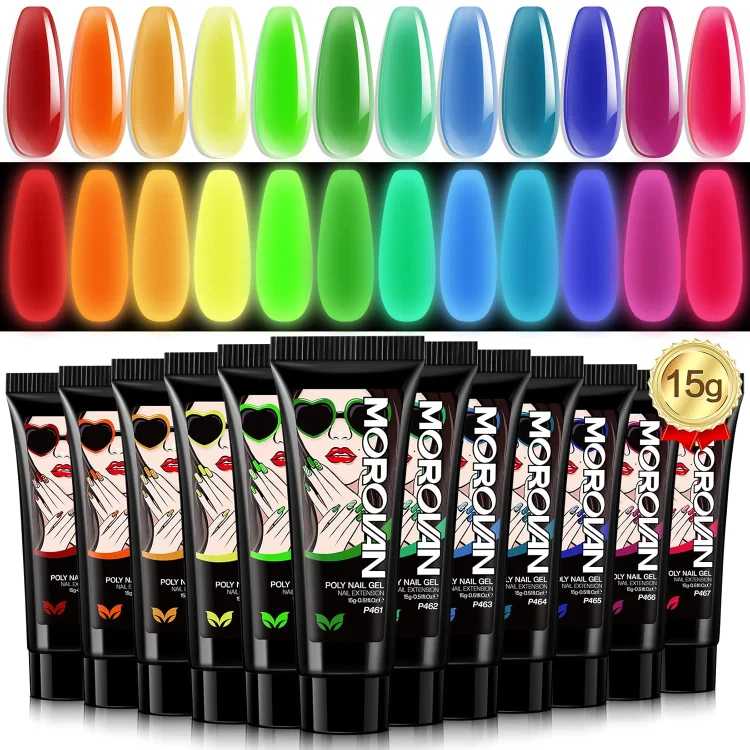 Morovan Fantasy Glow-in-the-Dark Nail Gel Kit - 12 Vivid Candy Colors, Long-Lasting Poly Gel Extension Set for Beginners, Create All Seasons Nail Designs at Home