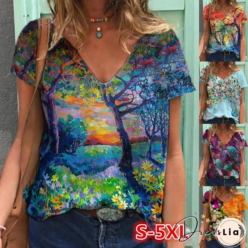 Summer Women New Fashion Abstract Printed T-Shirts Short Sleeve Cotton Loose Tops V-Neck Shirts Plus Size S-5XL