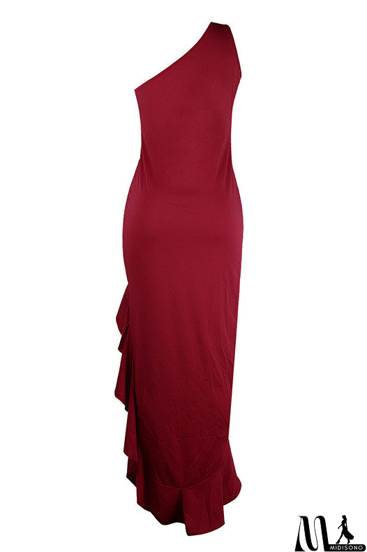MidiSono - Burgundy One Shoulder High Slit Prom Gown Evening Dress