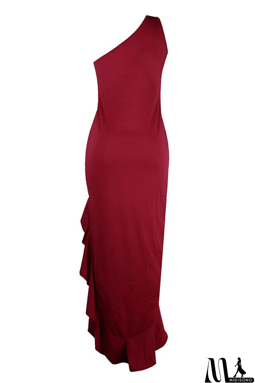 MidiSono - Burgundy One Shoulder High Slit Prom Gown Evening Dress
