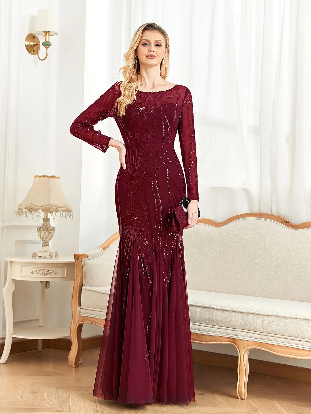 Xpoko Elegant Long Sleeves Sequin Tulle Evening Dresses 2023 Women Luxury Mermaid Formal Bridesmaid Party Maxi Prom Dress