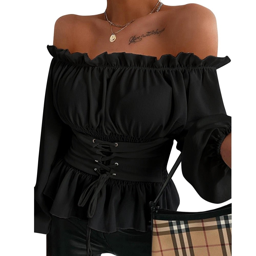 Off Shoulder Lace-up Front Ruffles Sweet Blouse Spring Top and Blouses Sexy Slash Neck Long Sleeve Fall Blusas Mujer De Moda D30