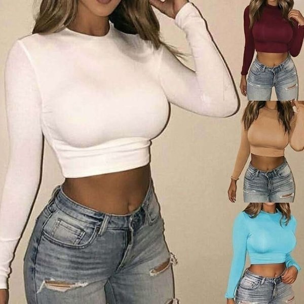 Women's Casual Round Neck Bottoming Long Sleeve Shirt Ladies High Elasticity Pure Color Crop Tops - Life is Beautiful for You - SheChoic
