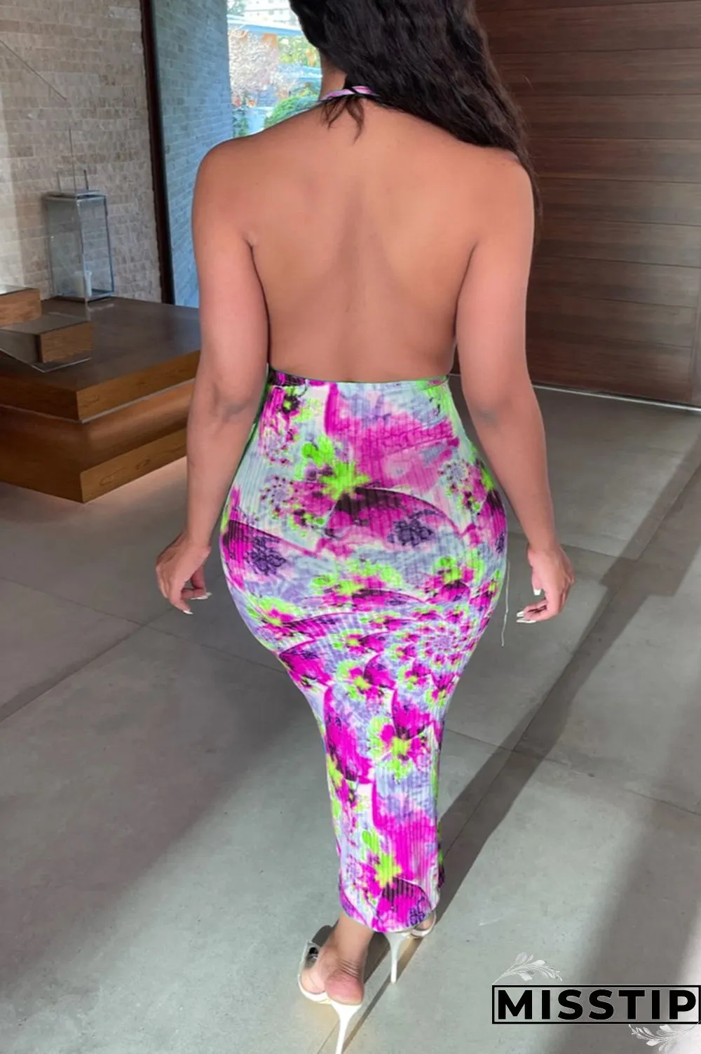Green Fashion Sexy Print Tie Dye Hollowed Out Backless Halter Sleeveless Dress