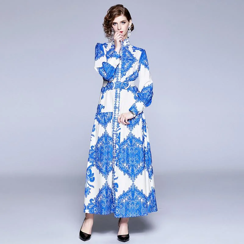 Women's retro printed long-sleeved big dress