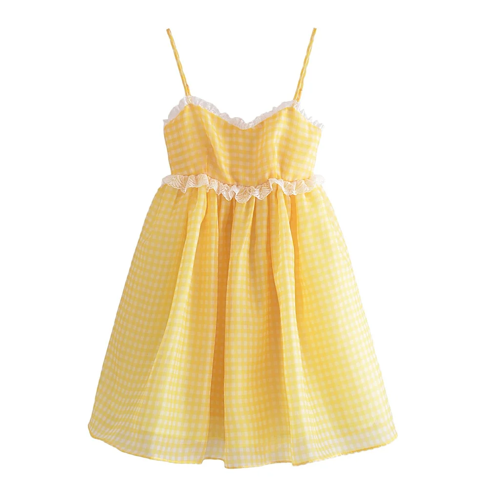 Toloer Yellow Plaid Puff Babydoll Mini Dress-Outfit Ideas