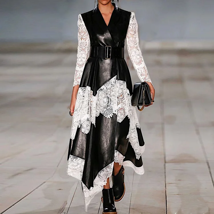 Ursime PU Leather Patchwork Lace Irregular Hem Belt Maxi Dress