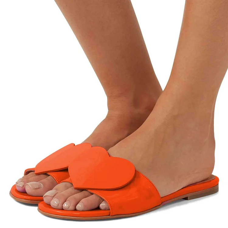 Orange Patent Leather Heart Women's Flat Slide Sandals |FSJ Shoes