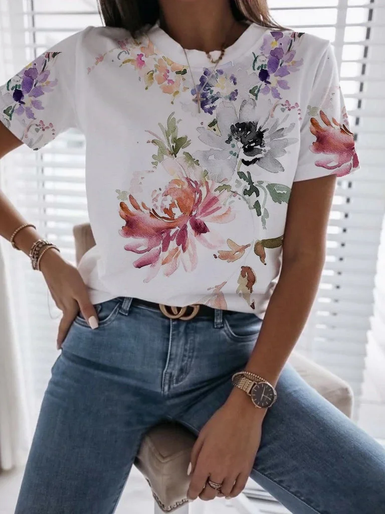 Women's White Scoop Neck Short Sleeve Floral Printed Top
