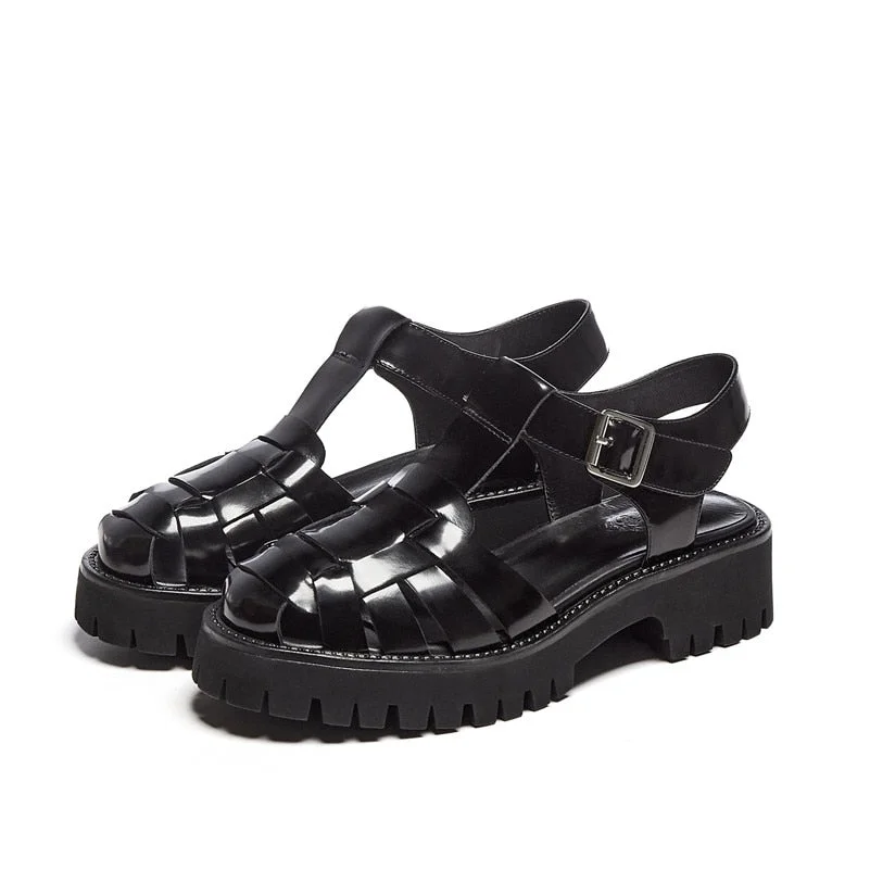 Meotina Platform Wedges Sandals Real Leather Mid Heel Shoes T-Strap Round Toe Female Footwear Buckle Sandals Summer Black New
