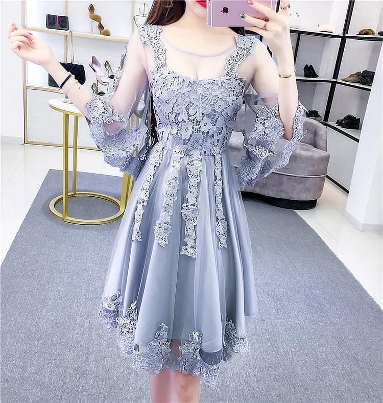 Gray/White/Pink Fairy Lace Flower Dress S12744