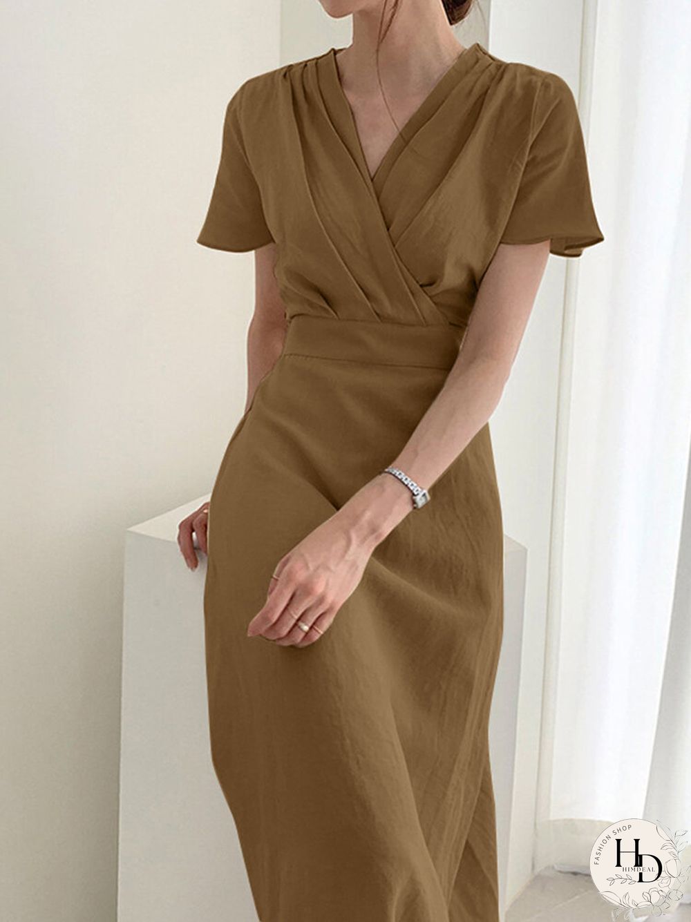 Solid Wrap V-neck Short Sleeve Casual Dress For Women