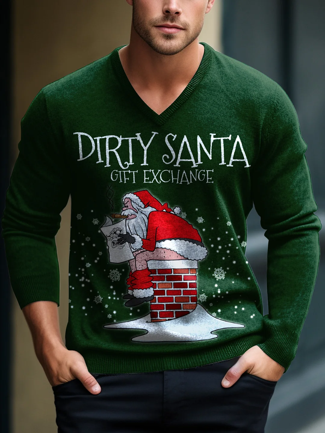 Men's Dirty Santa Gift Exchange Christmas Print Casual V-Neck Lnit Long Sleeve Sweater