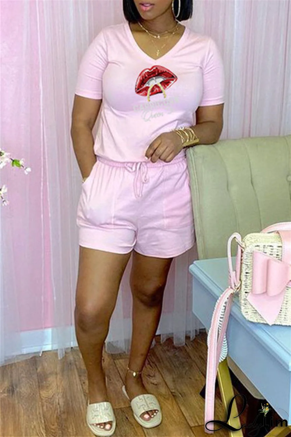 Rose Red Fashion Casual Lips Printed Basic V Neck Short Sleeve Two Pieces