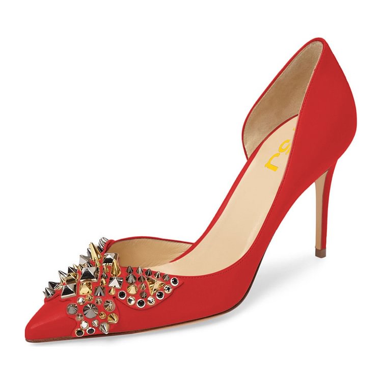 4 inch Heels Red Stiletto Heels Pointy Toe Pumps with Rivets |FSJ Shoes
