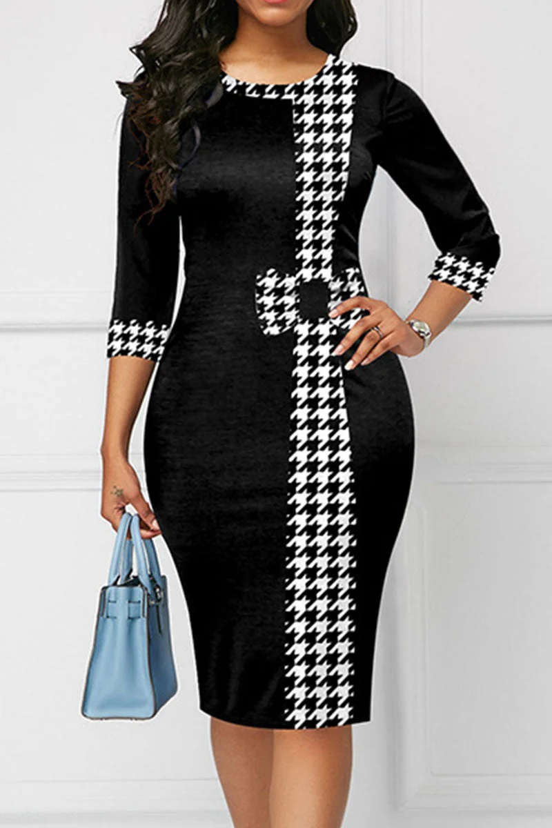 Casual Print Patchwork O Neck One Step Skirt Dresses