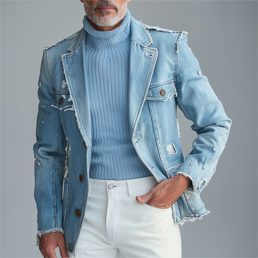 Men's Casual Lapel Collar Single Breasted Ripped Denim Raw Trim Jacket