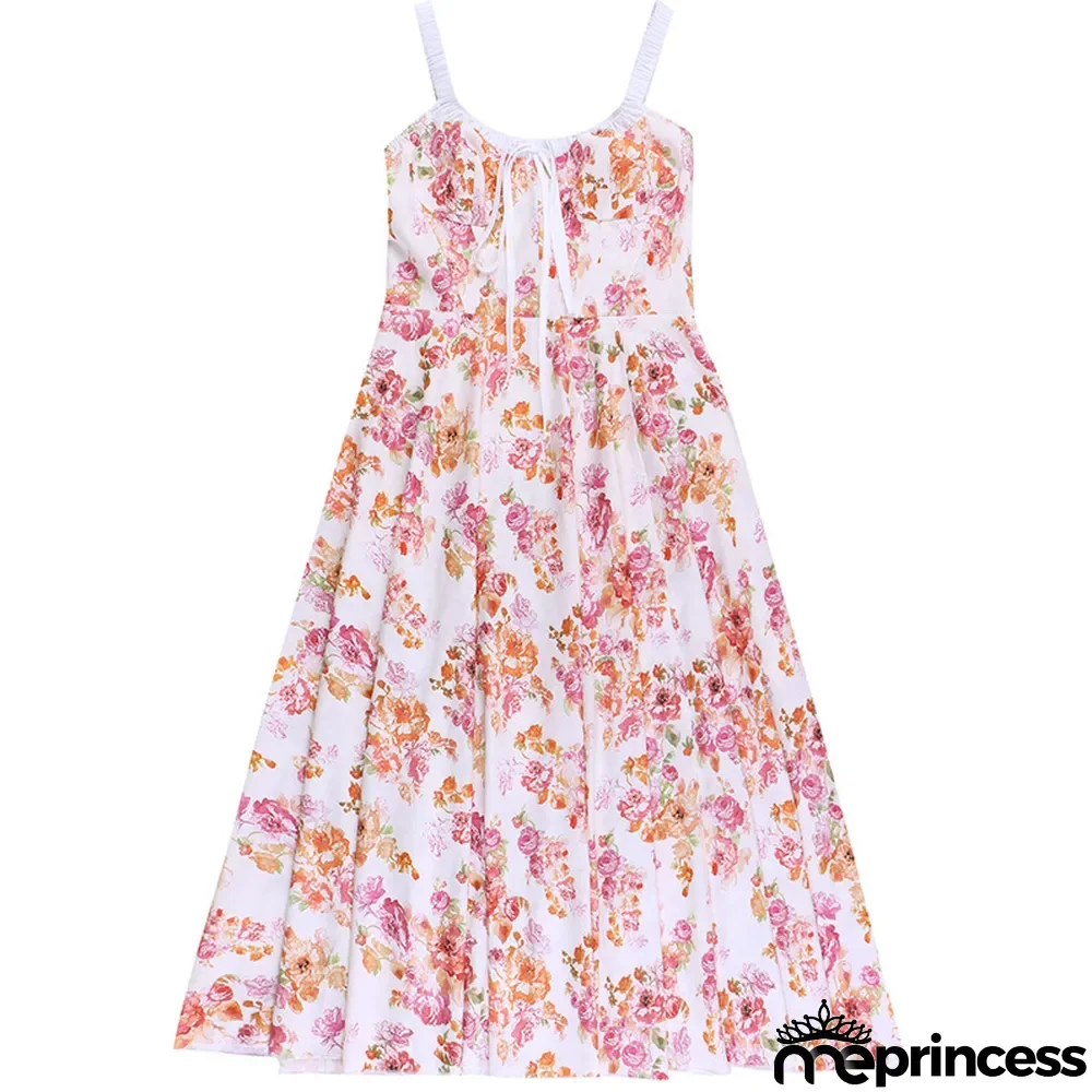 Straps Sexy Slit Floral Dress Women Summer Chic Slim Waist Slim Fit Long Dress