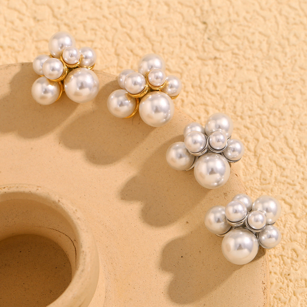 Small French Earrings 316L Stainless Steel Plated With 18K Gold Large And Small Pearl Grape Earrings