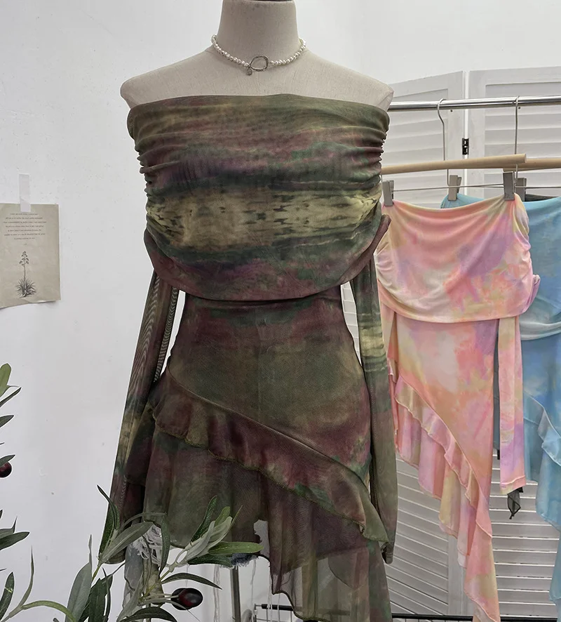 Nigikala Nigikala And Spicy Shoulder Dyed Printing Mesh Long-Sleeved Coat Folds Irregular Ribbon T-Shirt 9997