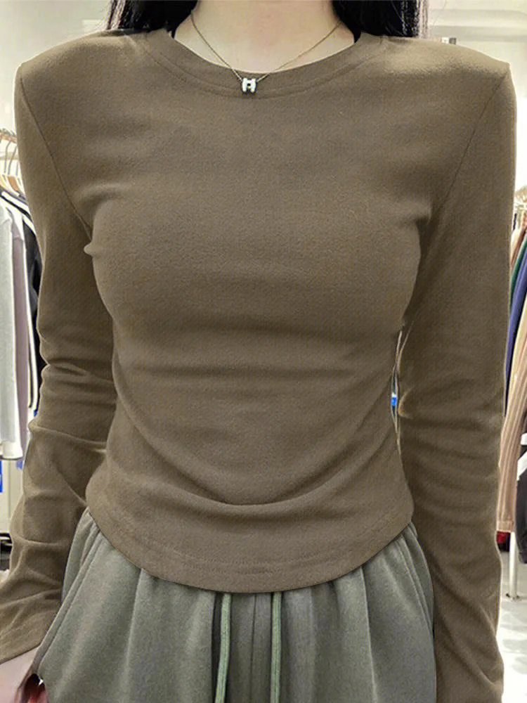 Uveng Uveng Velvet Inside The Bottom Shirt Female Autumn Winter 2024 New Advanced Feeling Grinding Hair Round Collar Slim Long Sleeve T-Shirt Jacket