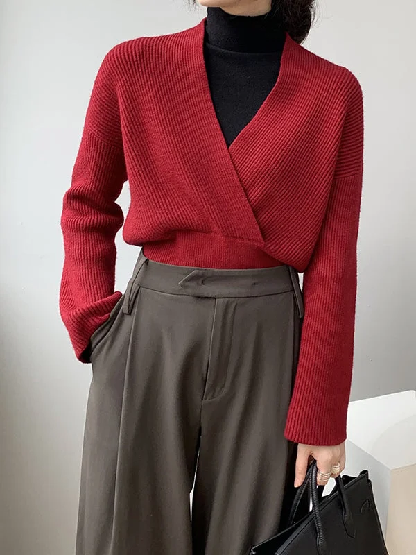 Asymmetric Solid Color Long Sleeves V-Neck Sweater Pullovers Knitwear