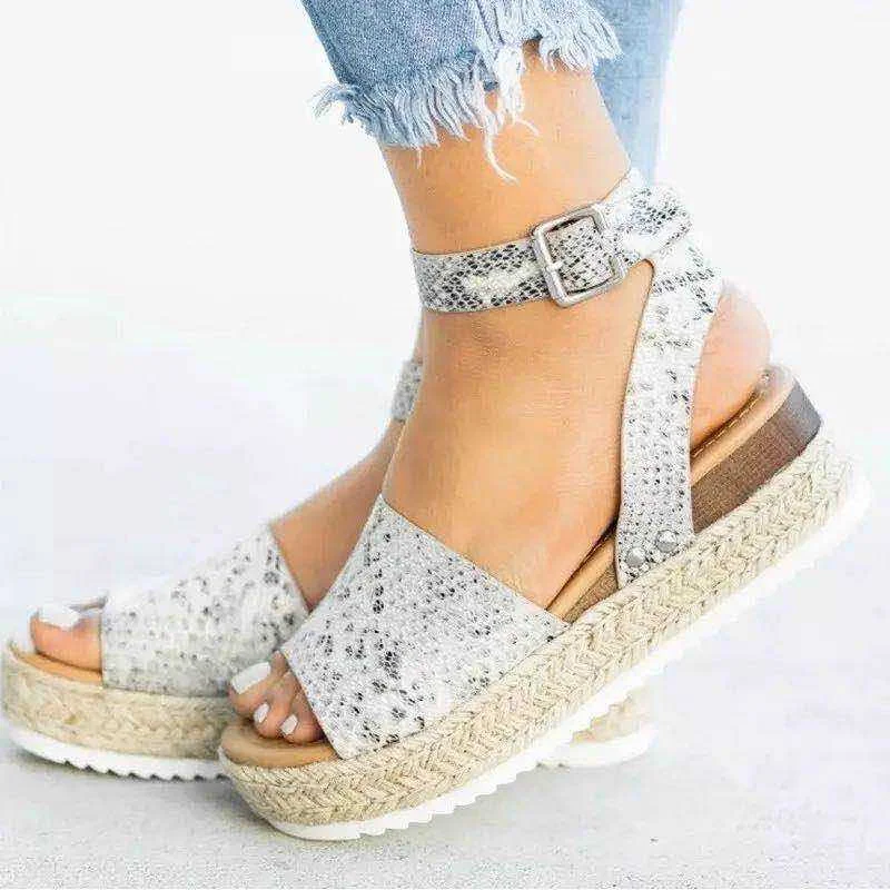 Qengg New Women Casual Sandals Fish Mouth Hemp Rope Platform Wedge Shoes Fashion Round Toe Buckle Leopard Print Beach Flats Plus Size