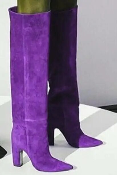 VCSHOES Violet Blue Brown Suede 80 Mm Square Heels Loose Knee High Boots Woman Purple Pointed Toe Tube Long Botas Shoes Lady