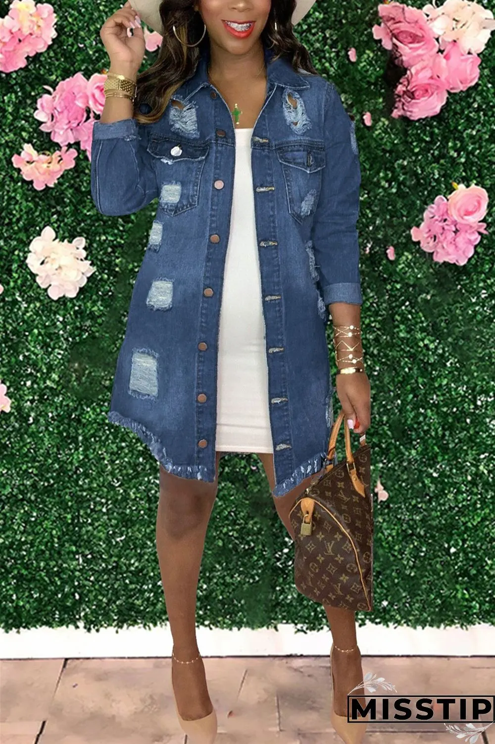 Dark Blue Fashion Casual Solid Ripped Turndown Collar Long Sleeve Regular Denim Coats