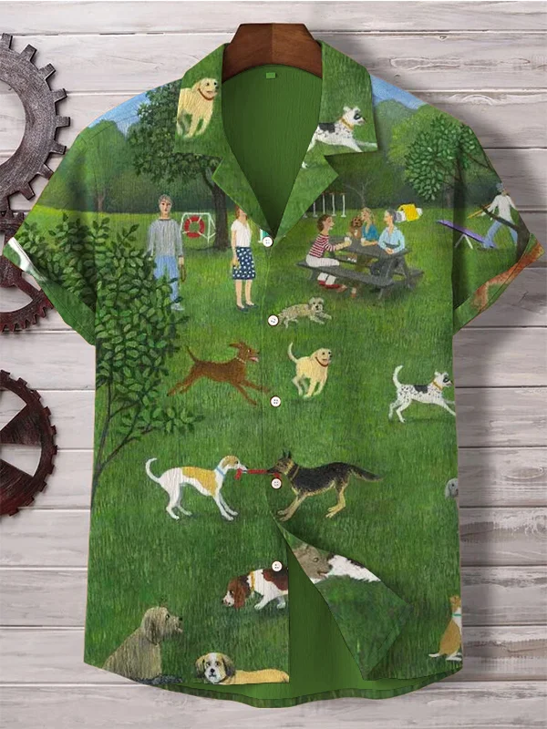 Men's The Dog Park Art Print Casual Linen Blend Shirt