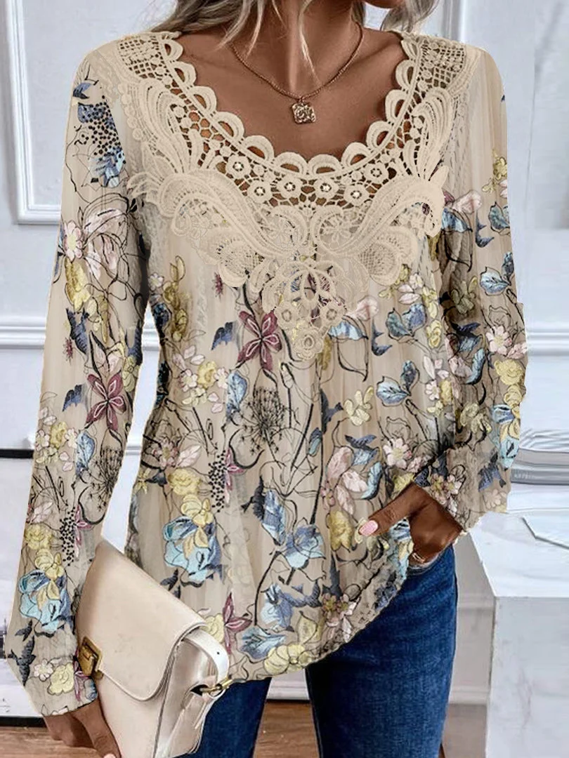 Ladylike Scoop Neck Solid Color Lace Splicing Chiffon Long Sleeve