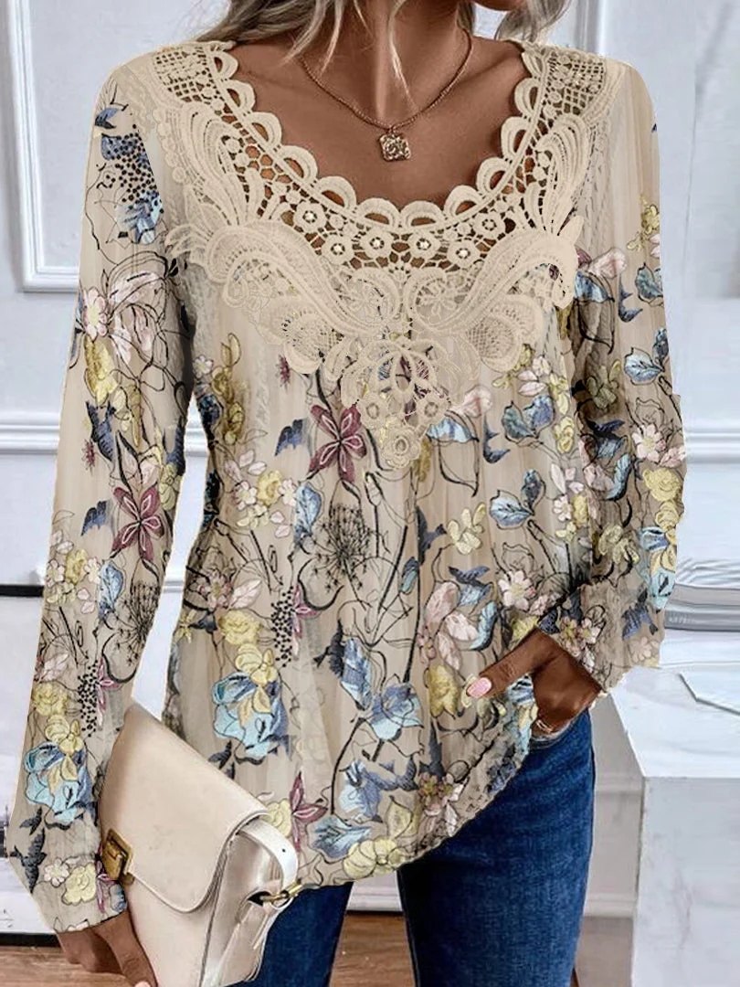 Women plus size clothing Women's Long Sleeve Scoop Neck Graphic Lace Floral Printed Top-Nordswear