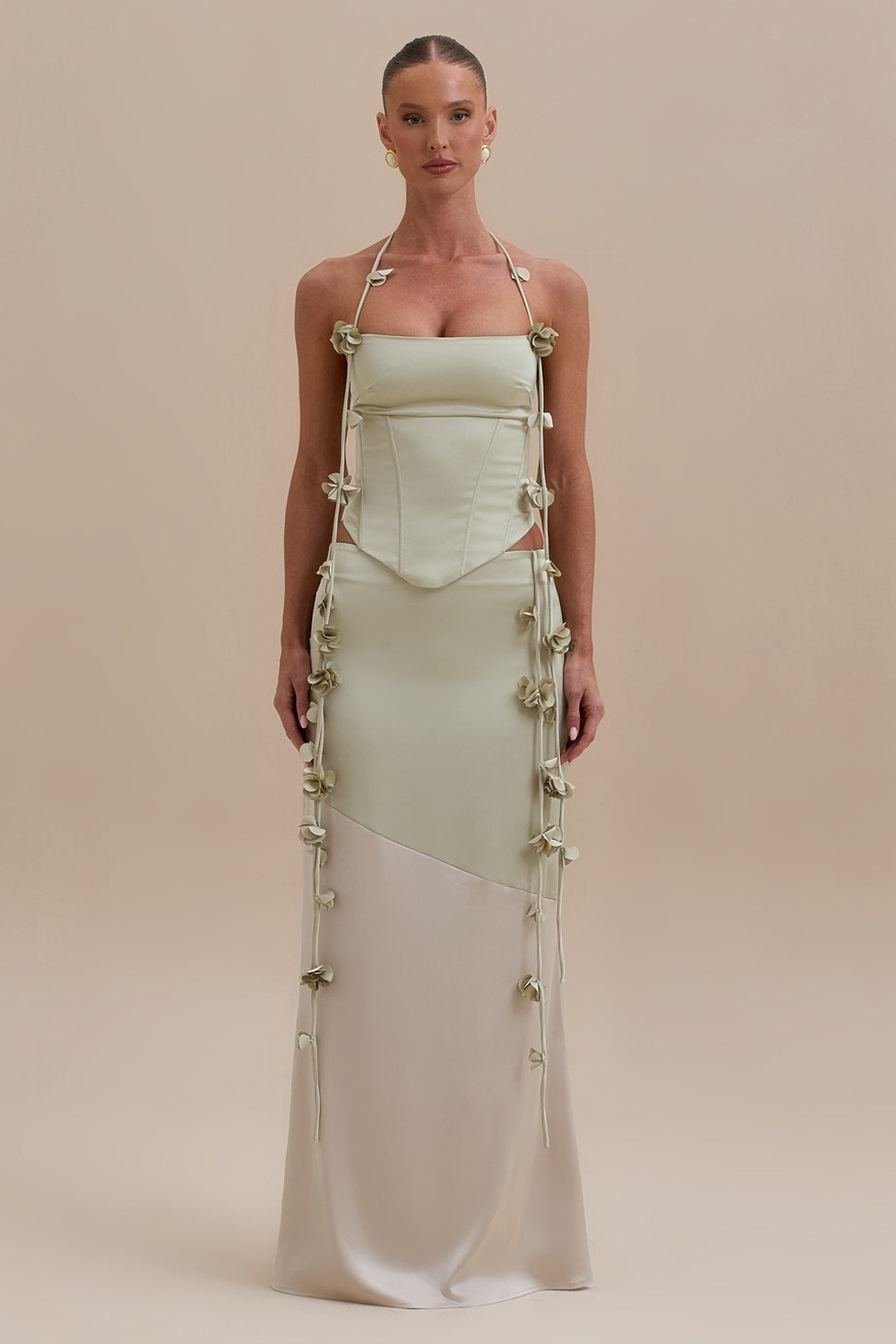 Floral Draping Halter Corset Two-Tone Maxi Skirt 2pcs Set-Green [Pre Order]