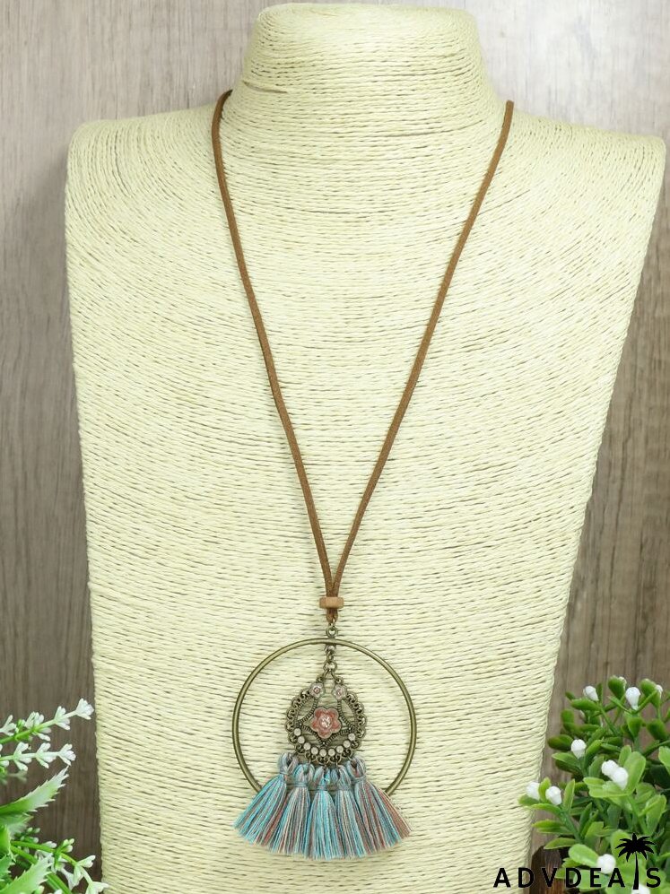 Flower Decor Tassel Pendant Necklace & Drop Earrings