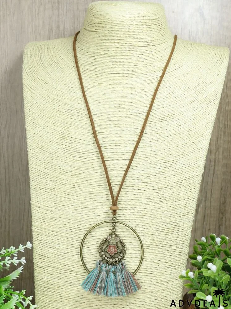 Flower Decor Tassel Pendant Necklace & Drop Earrings