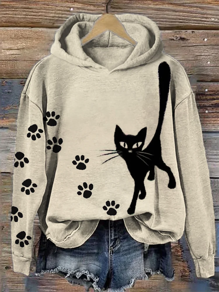 Black Cat & Paw Prints Graphic Cozy Hoodie