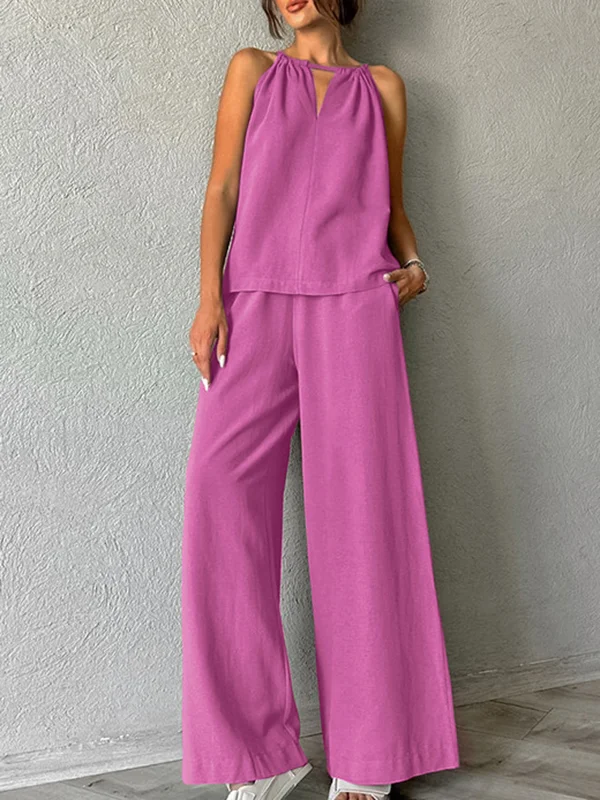 Loose Hollow Split-Joint Halter-Neck Vest + Elasticity High Waisted Pants Trousers Two Pieces Set