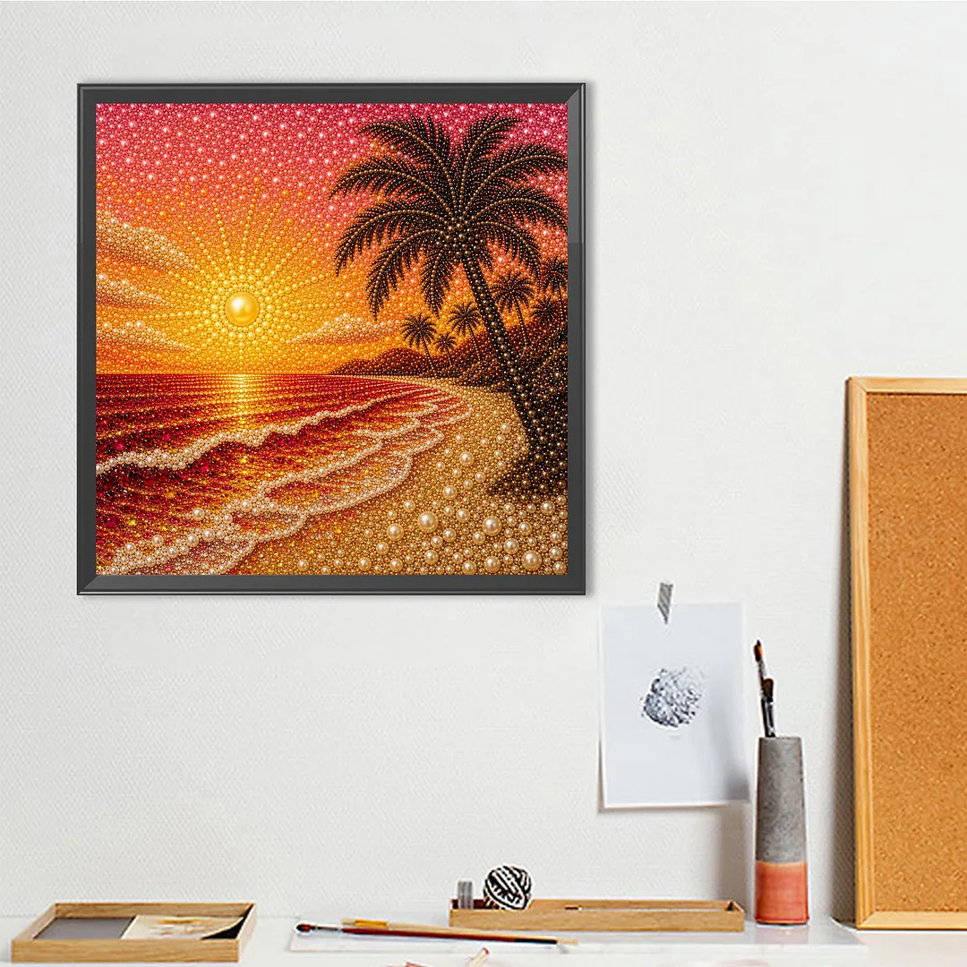 Sunset Beach Pearl Full DIY 5D Round Drill Gem Art Diamond Painting Kits 15.75x15.75 in Diamond Dots Paintings Picture Arts Craft Diamond Art Kits for Adults Beginner Home Wall Decor