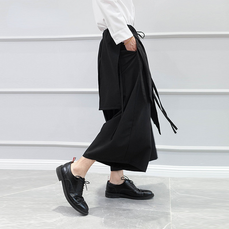 Dawfashion-Fake Two Pieces of Personality Japanese Hip-hop Irregular Cropped Trousers-Yamamoto Diablo Clothing