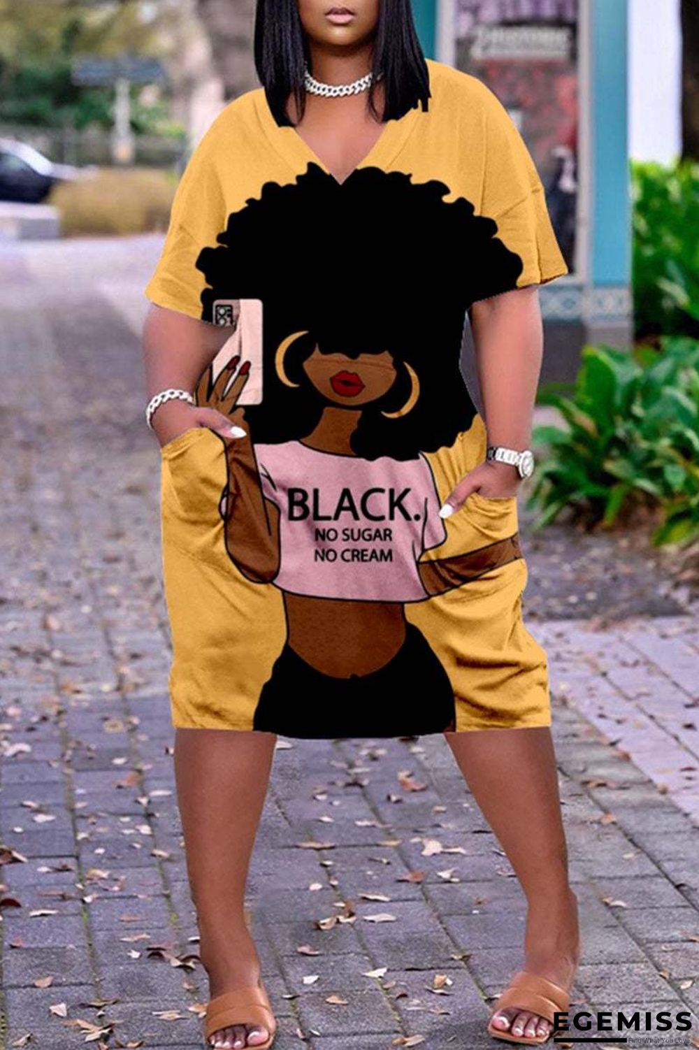 3D Printed Outdoor Fashion Casual Loose Plus Size Women's V-neck Sleeve Dress White Dresses | EGEMISS