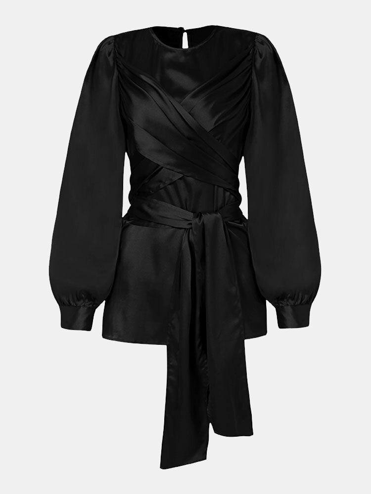 Solid Color O neck Knotted Long Sleeve Blouse For Women P1821344