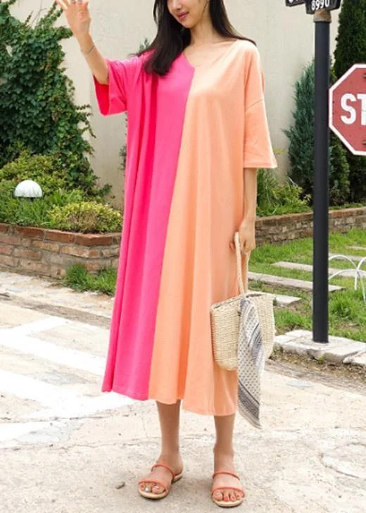 Women v neck patchwork cotton Tunics Tunic Tops pink Kaftan Dress