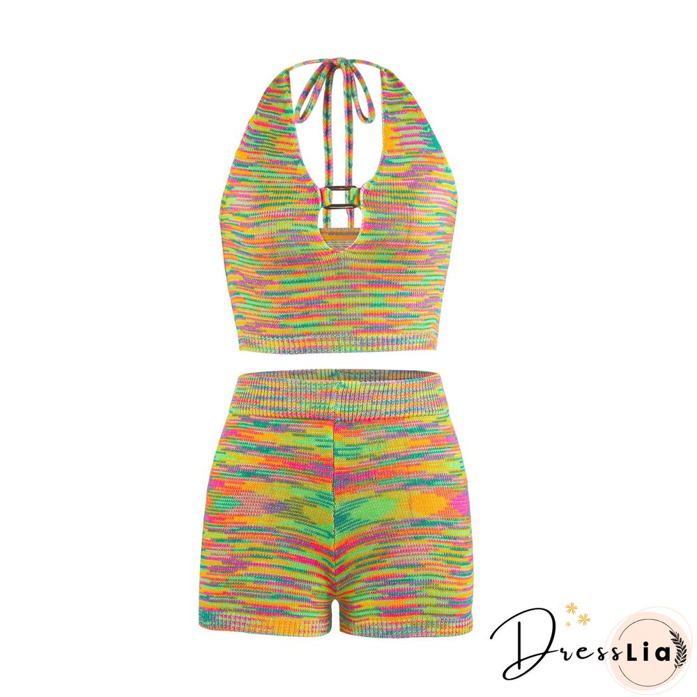 Rainbow Sexy Halter Cut Out Crop Top and Shorts Pieces Matching Set Club Fashion Outfits