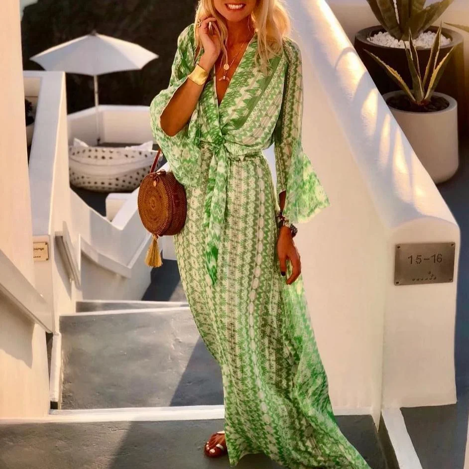 Glamorous Green V-Neck 3/4 Sleeve Printed Maxi Vacation Dress | EGEMISS